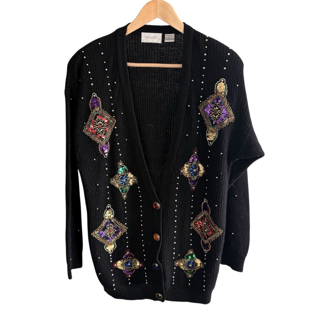 Arlando Vintage Black Embellished Beaded V-Neck Lambswool Rabbit Hair Cardigan L